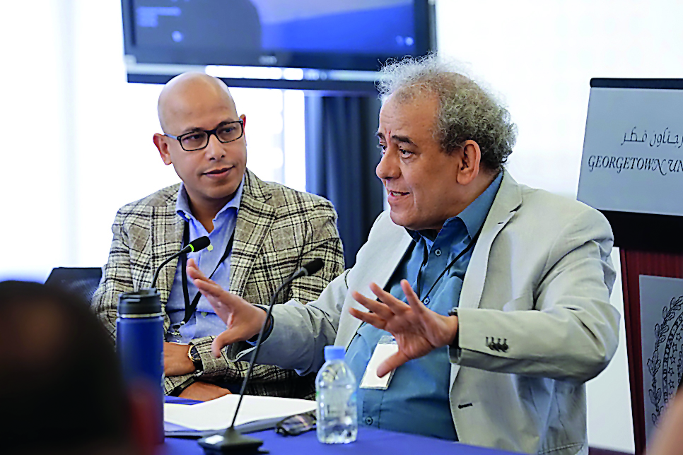 Abbas Al-Tonsi, senior lecturer and head of the Arabic language program at GU-Q, and Dr. Yehia Abdel Mabdy Mohamed, the conference organiser and an associate professor of Arabic Language and Culture at GU-Q, during the conference. 