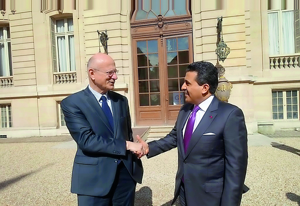 Qatar’s Attorney-General, H E Dr Ali bin Fettais Al Marri, with the Adviser to the President of the French Republic on the National Counter-Terrorism Coordinator, Pierre Bousquet de Florian, yesterday, in Paris. 