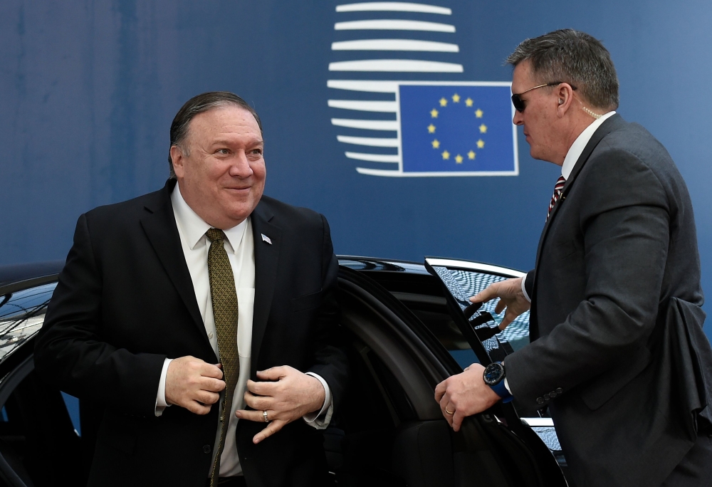 US Secretary of State Mike Pompeo (L) arrives at the EU headquarters in Brussels on May 13, 2019. (AFP / JOHN THYS)