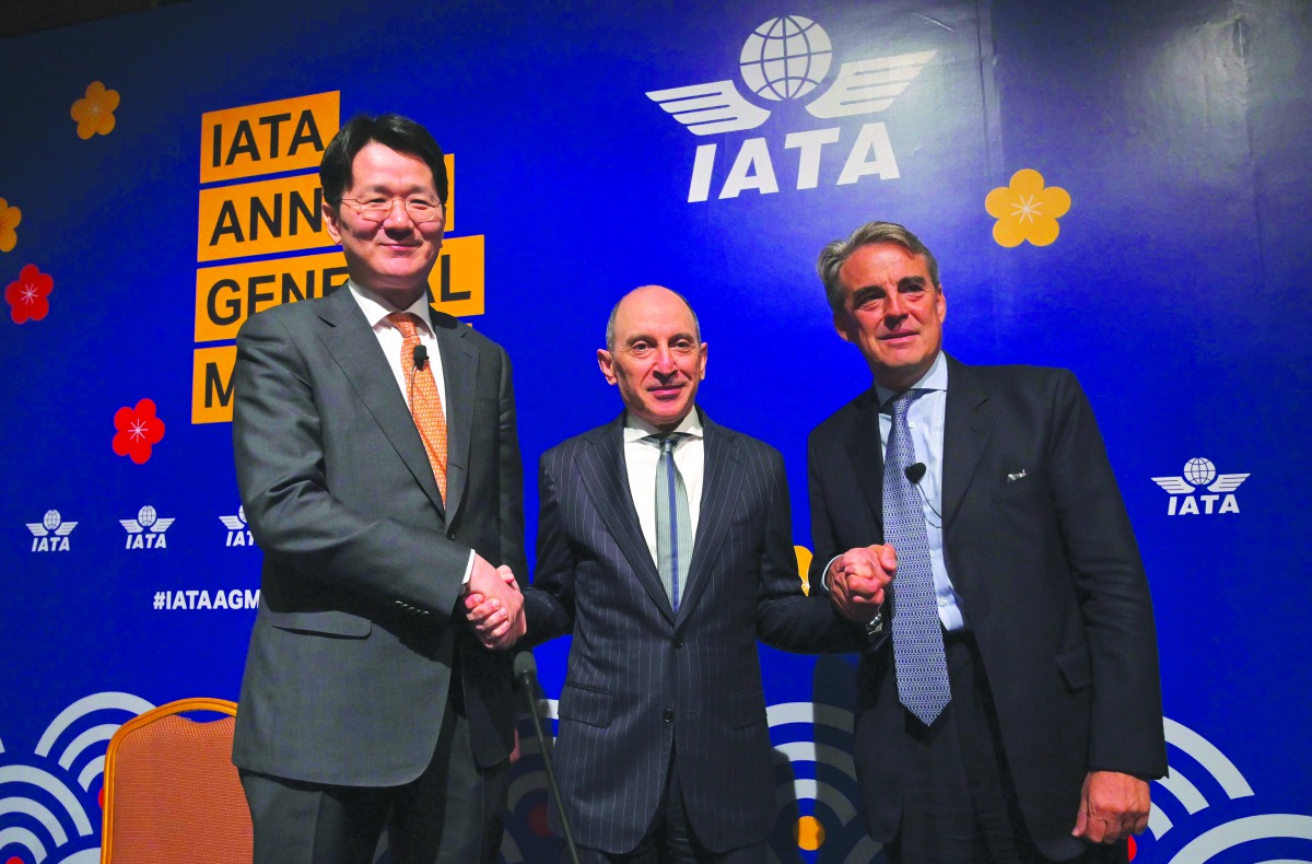 International Air Transport Association (IATA) Chief Executive Alexandre de Juniac (right) with Qatar Airways Chief Executive Akbar Al Baker (centre) and Korean Air Chief Executive Walter Cho during a press conference after the opening session of the annu