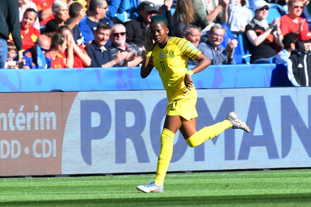 South Africa's forward Thembi Kgatlana celebrates after scoring a goal during the France 2019 Women's World Cup Group B football match between Spain and South Africa, on June 8, 2019, at the Oceane Stadium in Le Havre, northwestern France. AFP / Damien Me