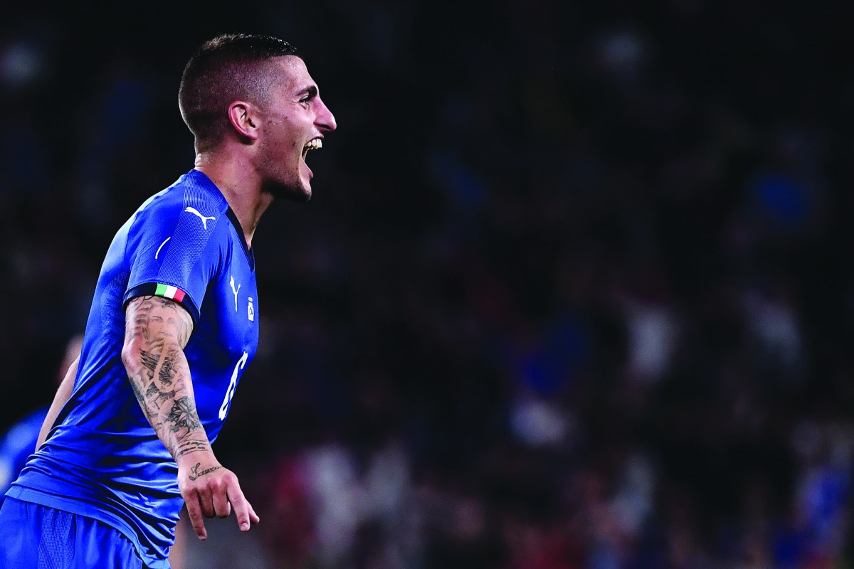 Italy's midfielder Marco Verratti celebrates after scoring a goal during the UEFA Euro 2020 qualification football match between Italy and Bosnia Herzegovina at the 'Allianz Stadium' in Turin on June 11, 2019. AFP / Marco Bertorello
