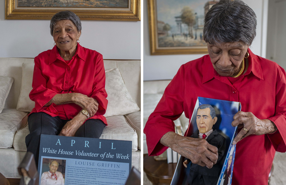 A collage of Louise Griffin and her White House Volunteer of the Week placard at home in Washington, D.C., on June 12, 2019 and another of her holding a singing caricature of George W. Bush on June 12, 2019. Photos for The Washington Post by Dayna Smith