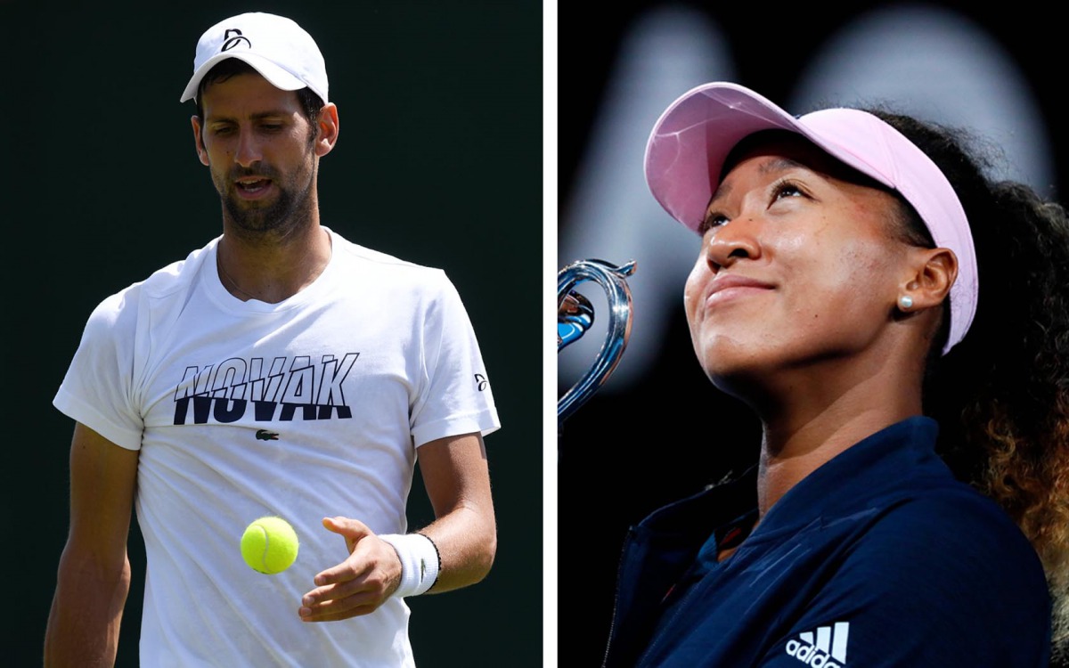 File photos of Serbia's Novak Djokovic (L) during practice,  June 29, 2019. REUTERS/Tony O'Brien and Japan's Naomi Osaka, January 26, 2019. AFP / DAVID GRAY