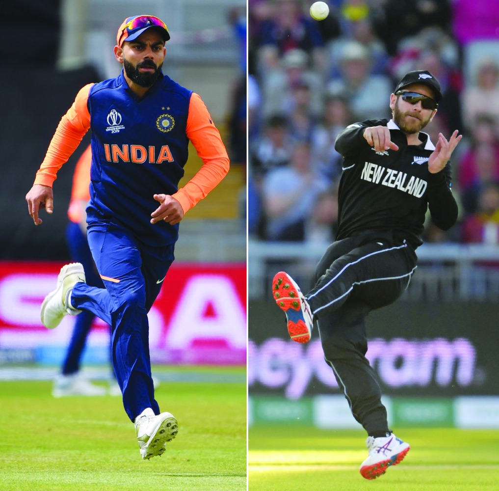 A combination of file pictures created in London on July 7, 2019 shows Indian captain Virat Kohli (left) fielding during the World Cup group stage match against England, and  New Zealand’s captain Kane Williamson throwing at the stumps during the game aga