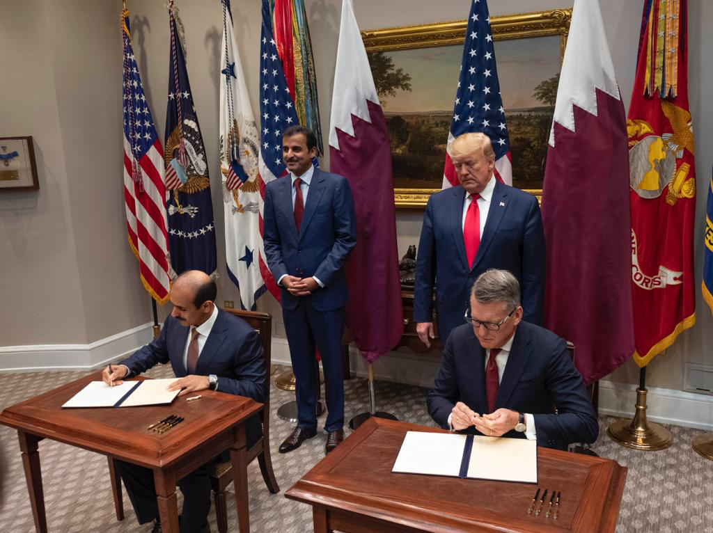 In the presence of Amir H H Sheikh Tamim bin Hamad Al Thani and the President of the United States, Donald Trump, the agreement being signed by H E Saad Sherida Al Kaabi, Minister of State for Energy Affairs, the President and CEO of Qatar Petroleum, and 