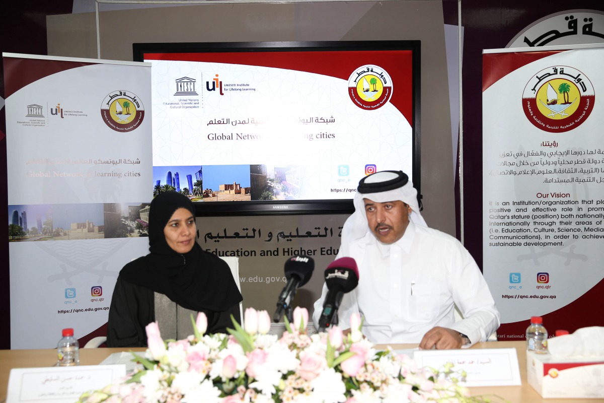 Secretary-General of the National Commission for Education, Culture and Science, Dr. Hamda Hassan Al Sulaiti (left), and Director of Al Shamal Municipality, Hamad Jomaa Al Mannai, addressing a press conference. 