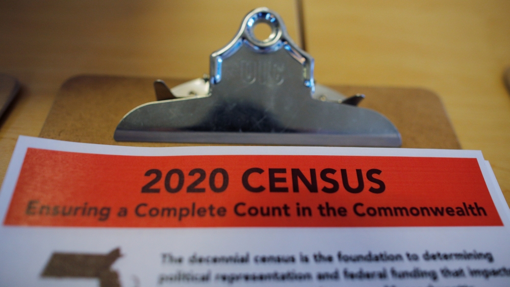 An informational pamphlet is displayed at an event to mark the one-year-out launch of the 2020 Census efforts in Boston, Massachusetts, April 1, 2019. Reuters/Brian Snyder