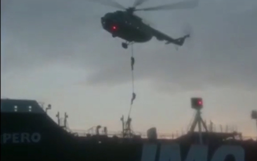 This image grab taken from a video provided by Iran's Revolutionary Guard official website via SEPAH News on July 20, 2019, allegedly shows Revolutionary Guard Corps boarding the British-flagged tanker Stena Impero in the Strait of Hormuz.  (