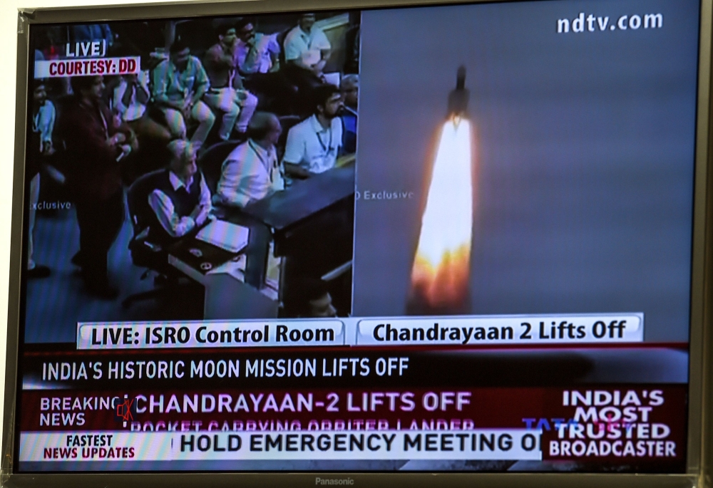 A television grab shows the launch of Chandrayaan - Moon Chariot 2 at the Satish Dhawan Space Centre in Sriharikota, an island off the coast of southern Andhra Pradesh state on July 22, 2019. (AFP / Prakash SINGH)
