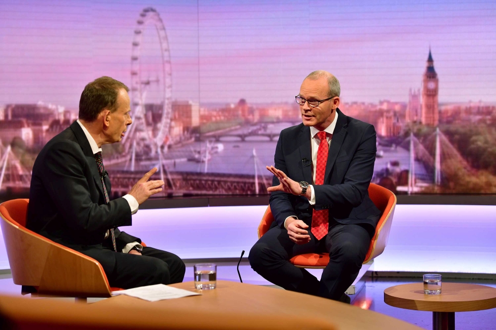 Ireland's Tanaiste and Minister of Foreign Affairs Simon Coveney appears on BBC TV's The Andrew Marr Show in London, Britain, July 21, 2019. (Jeff Overs/BBC/Handout via REUTERS)