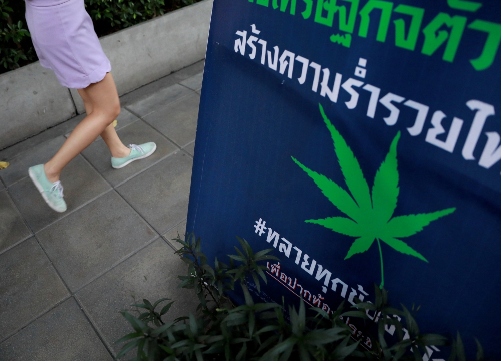 FILE PHOTO: A woman walks by an election campaign poster for a party promoting the legalisation of cannabis for medical use, in Bangkok, Thailand, February 15, 2019. REUTERS/Soe Zeya Tun