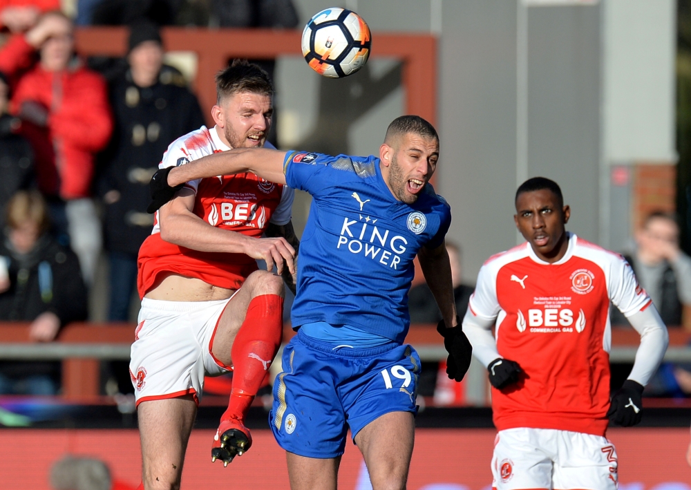 FILE PHOTO: Leicester City's Islam Slimani in action with Fleetwood Town’s Ashley Eastham REUTERS/Peter Powell
