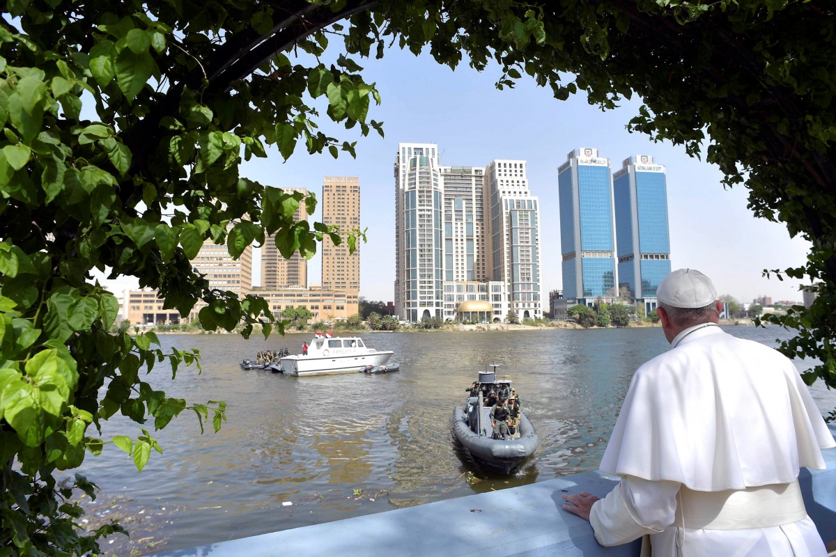 Pope Francis looks over the river Nile from a terrace in Cairo, Egypt, April 29, 2017. (Osservatore Romano handout via Reuters)