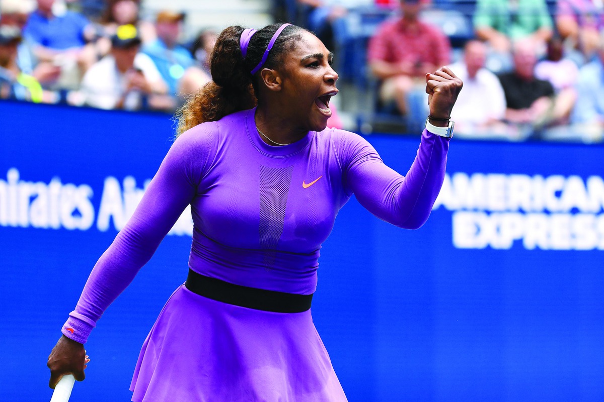 Serena Williams of the United States celebrates a point during her Women's Singles fourth round match against Petra Martic of Croatia on day seven of the 2019 US Open at the USTA Billie Jean King National Tennis Center on September 01, 2019 in Queens boro