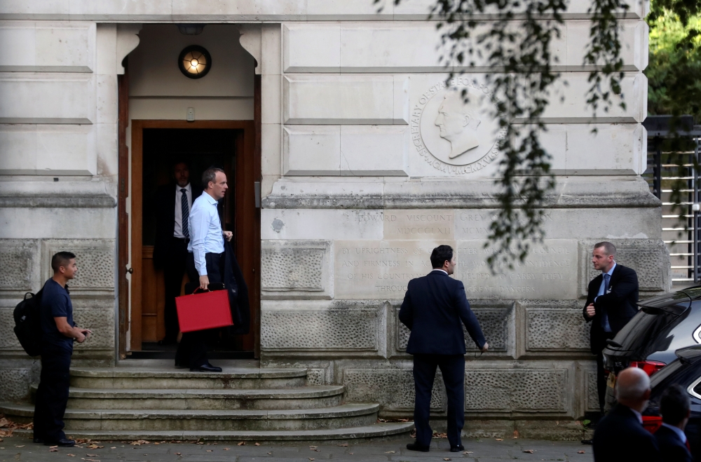 Britain's Foreign Secretary Dominic Raab enters the foreign office in London, Britain, September 2, 2019. REUTERS/Simon Dawson
 