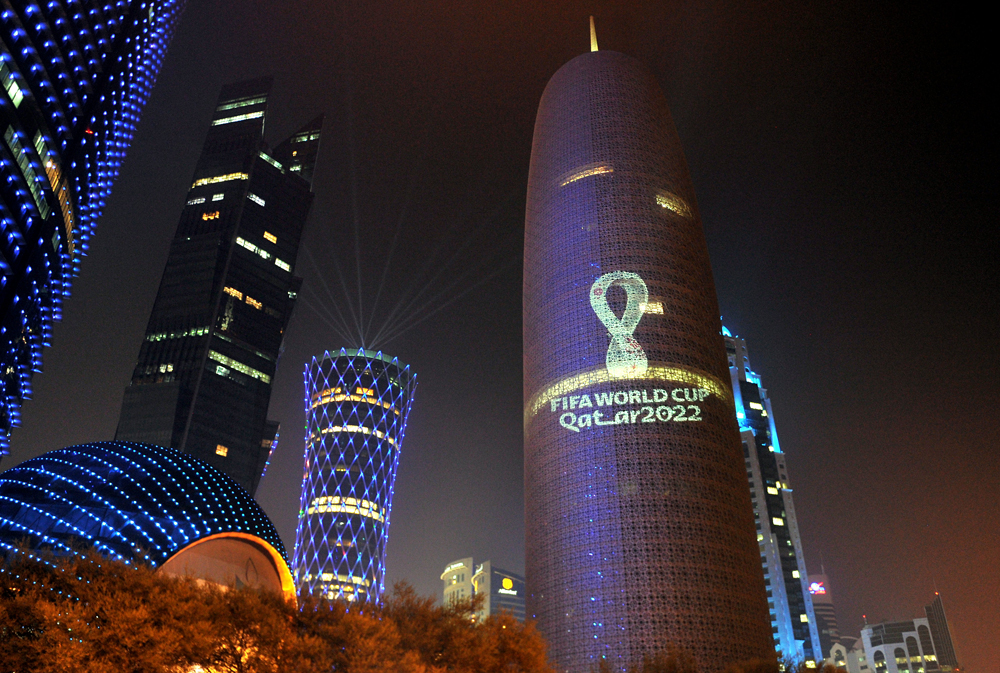 FIFA World Cup Qatar 2022 logo displayed on Doha Tower in Doha yesterday. Picture by: Salim Matramkot/The Peninsula