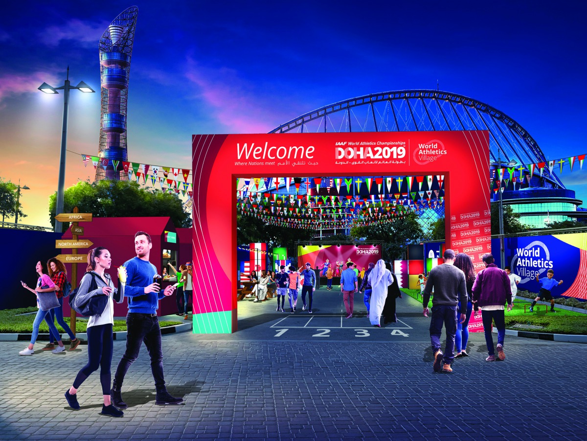 A computer-generated image of the IAFF World Athletics Village’s front arch.