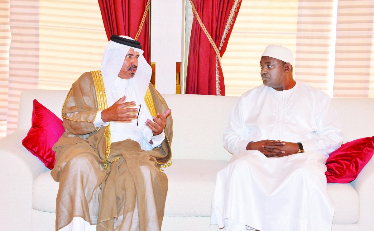 The President of Gambia Adama Barrow (right) during a meeting with Qatar Chamber’s First Vice-Chairman Mohamed bin Ahmed bin Towar Al Kuwari at the Sheraton Hotel in Doha yesterday.
