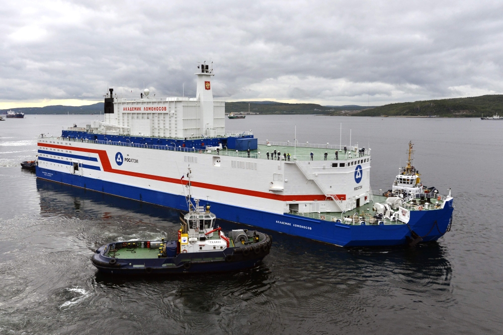(FILES) This file handout picture taken and released on August 23, 2019, by the Russian nuclear agency ROSATOM shows the floating power unit (FPU) Akademik Lomonosov being towed from the Arctic port of Murmansk, northwestern Russia. AFP PHOTO / ROSATOM