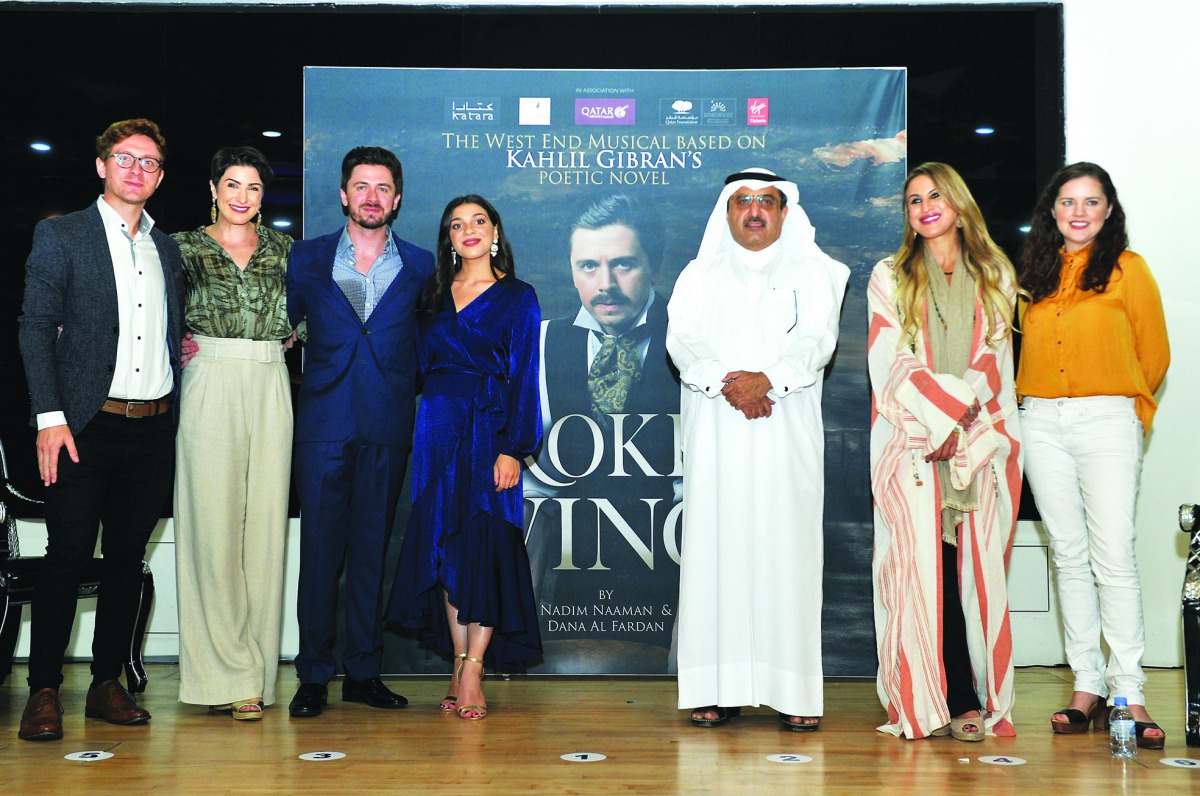 Dana Al Fardan (second right), Nadin Naaman (third left) and Bronagh Lagan (right), with other officials and artistes at the “Broken Wings” press conference held at Katara Cultural Village in Doha, yesterday. Pic: Salim Matramkot / The Peninsula
