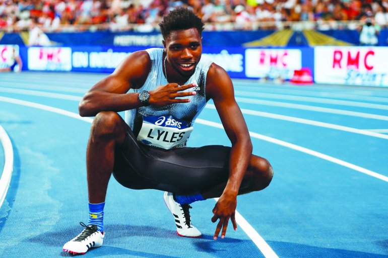 Noah Lyles celebrates after competing in the Men's 200m during the IAAF Diamond League competition on August 24, 2019 at the Charlety stadium, in Paris. (AFP / Zakaria Abdelkafi)