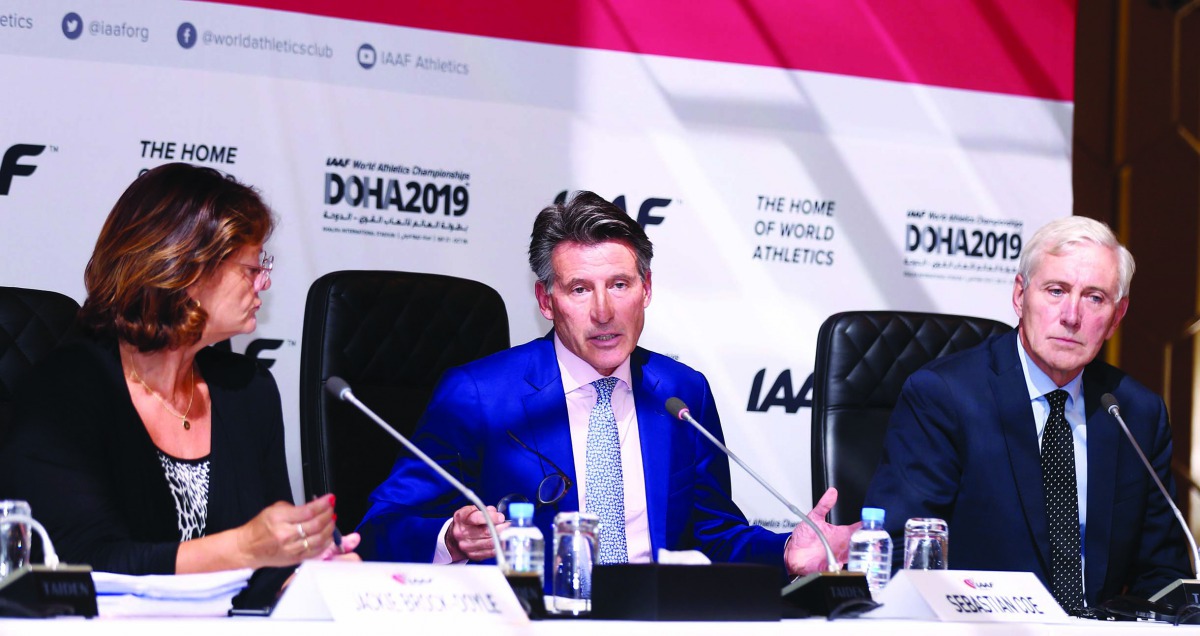IAAF President Sebastian Coe (centre), The Head of Communications for the Worldwide Athletics Federation, Jackie Brock-Doyle (left) and the head of IAAF Inspection Team, Rune Andersen, during a press conference following a meeting of the body’s council in