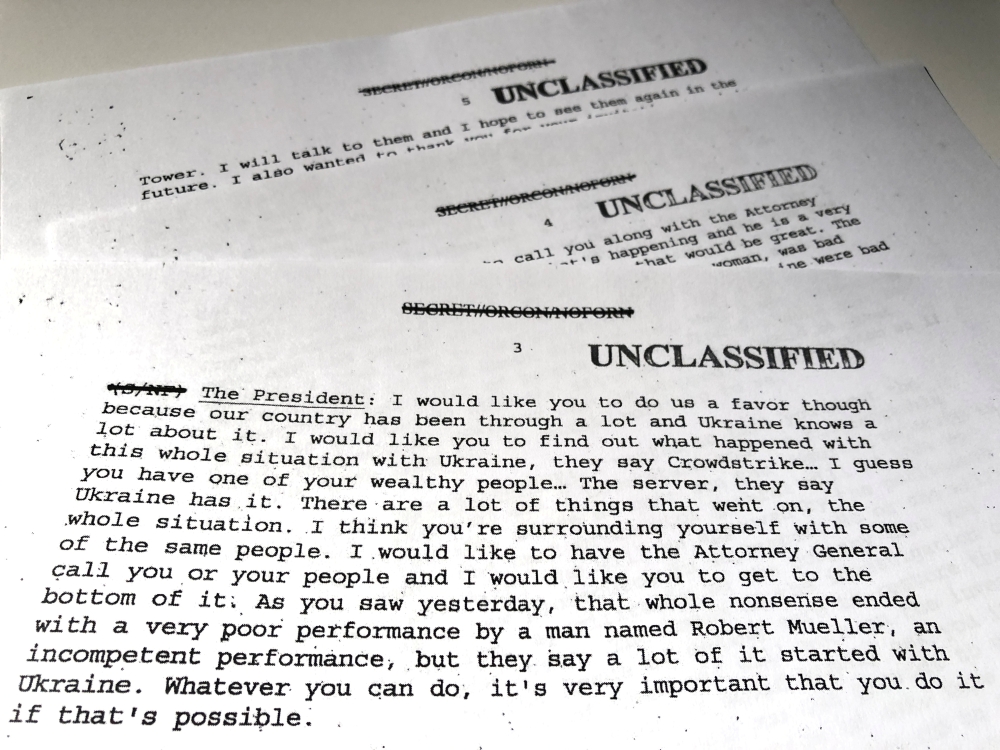 A section of a White House memorandum describing President Trump's call with Ukrainian President Volodymyr Zelenskiy shows President Trump asking for a favor in this copy of the memorandum released by the White House in Washington, U.S., September 25, 201