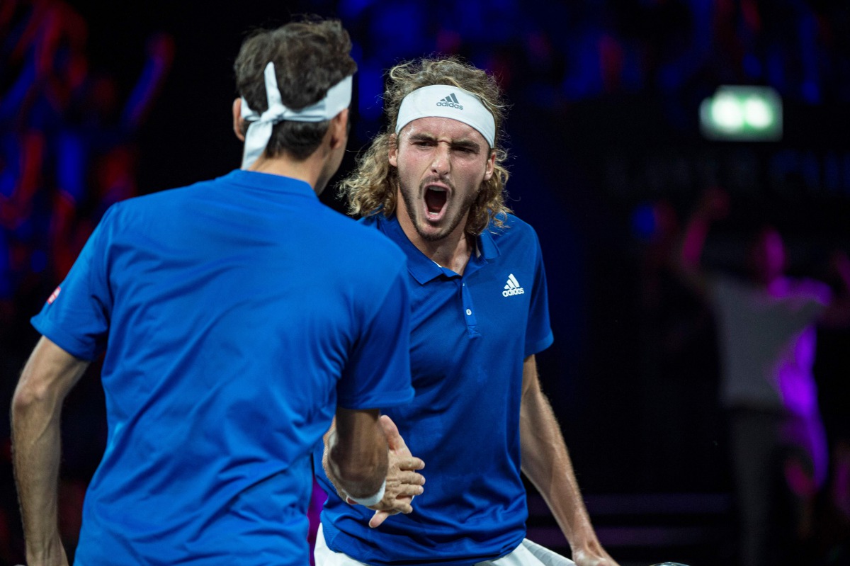 Team Europe's player Stefanos Tsitsipas reacts during the 2019 Laver Cup tennis tournament in Geneva, on September 22, 2019. AFP / Romain Lafabregue
