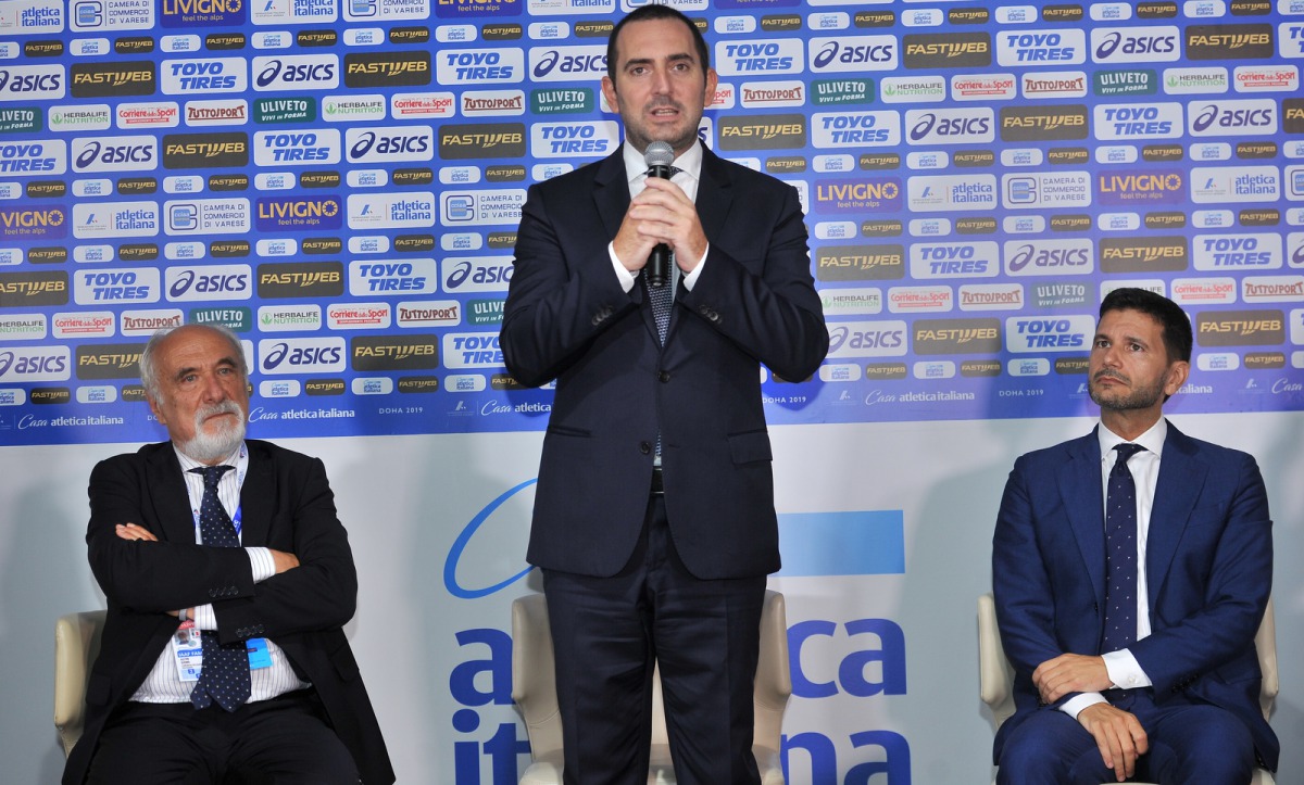 FROM LEFT: Alfio Giomi, President FIDAL; Vincenzo Spadafora, Italian Minister for Youth Policies and Sport; and Pasquale Salzano, Italian Ambassador to Qatar, during a press conference held at Casa Atletica, at W Doha Hotel, yesterday. Pic: Baher Amin/the