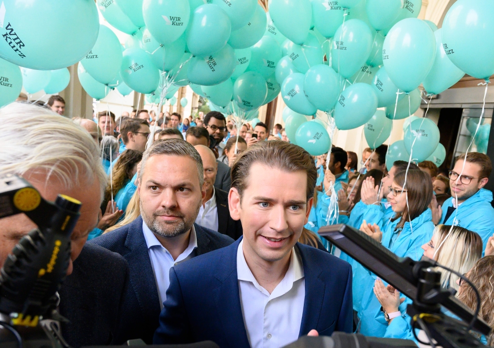 Sebastian Kurz (C-R), leader of Austria's People's party (OeVP), walks past campaign helpers holding balloons during his final election rally in Vienna, Austria on September 27, 2019. AFP / JOE KLAMAR