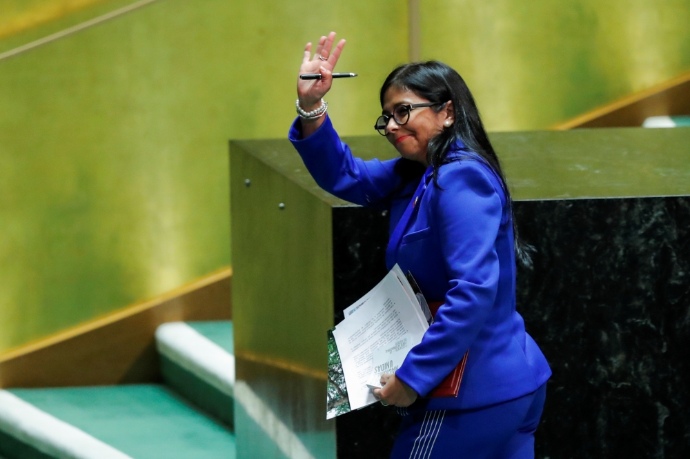 Venezuela's Vice President Delcy Rodriguez greets the audience as she departs the podium at the 74th session of UNGA at UN headquarters in New York, September 27, 2019. Reuters/Eduardo Munoz
 