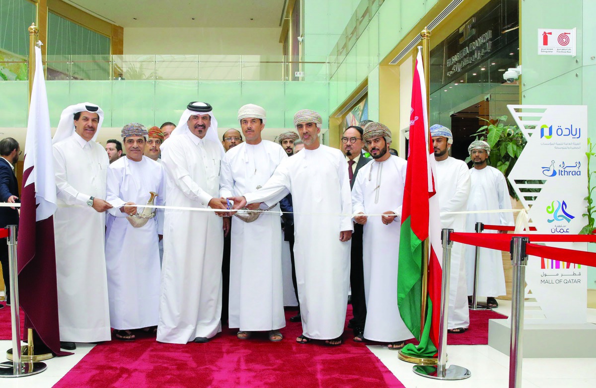 Qatar Chamber’s First Vice-Chairman Mohamed bin Ahmed bin Towar Al Kuwari (third left), with Oman’s Ambassador to Qatar Najib bin Yahya Al Balushi (fourth left) inaugurating the “Oman SMEs Exhibition 2019”, at the Mall of Qatar in Doha yesterday. 