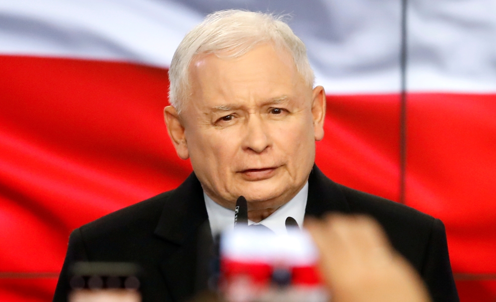 Poland's ruling party Law and Justice (PiS) leader Jaroslaw Kaczynski speaks after the exit poll results are announced in Warsaw, Poland, October 13, 2019. Reuters/Kacper Pempel
 