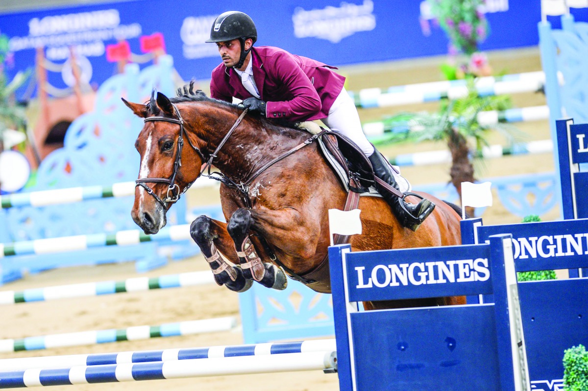 Mohammed Sultan Al Suwaidi competing in the Longines Hathab Equestrian Series at the Al Shaqab Indoor Arena yesterday.