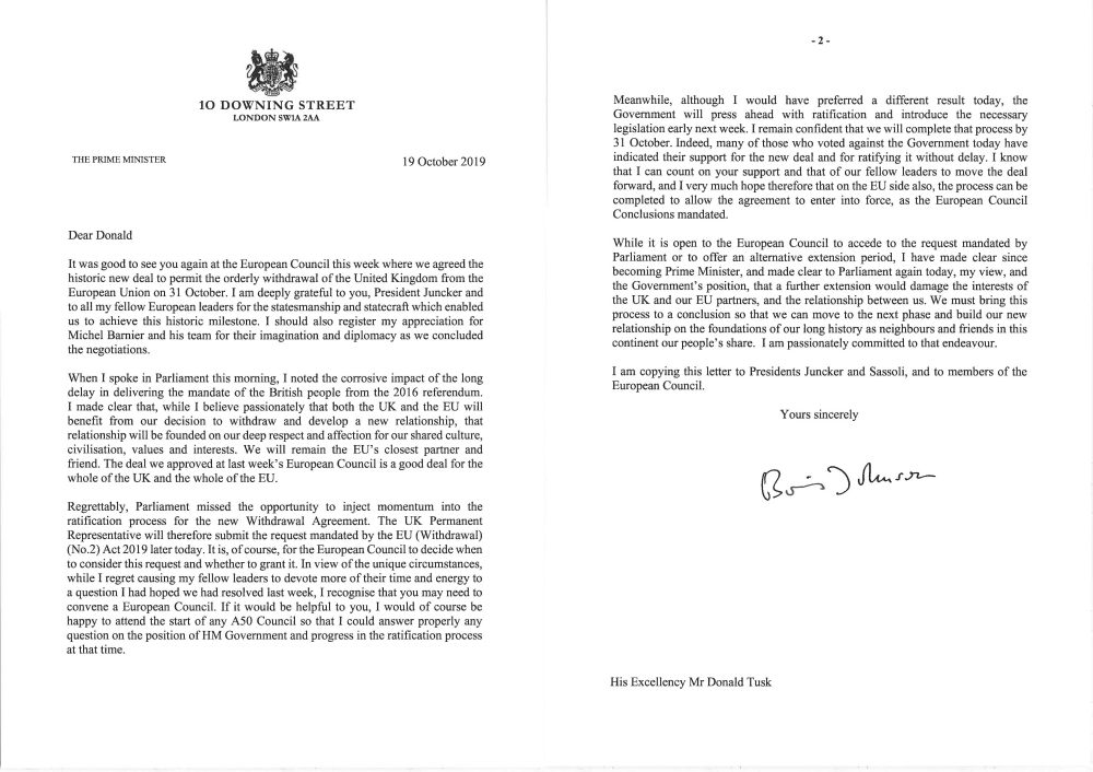 A screen grab of a handout image released by 10 Downing Street on October 19, 2019 shows the two pages of the letter sent by British Prime Minister Boris Johnson to President Tusk explaining why he feels that further delay is not in Britain's and the EU's