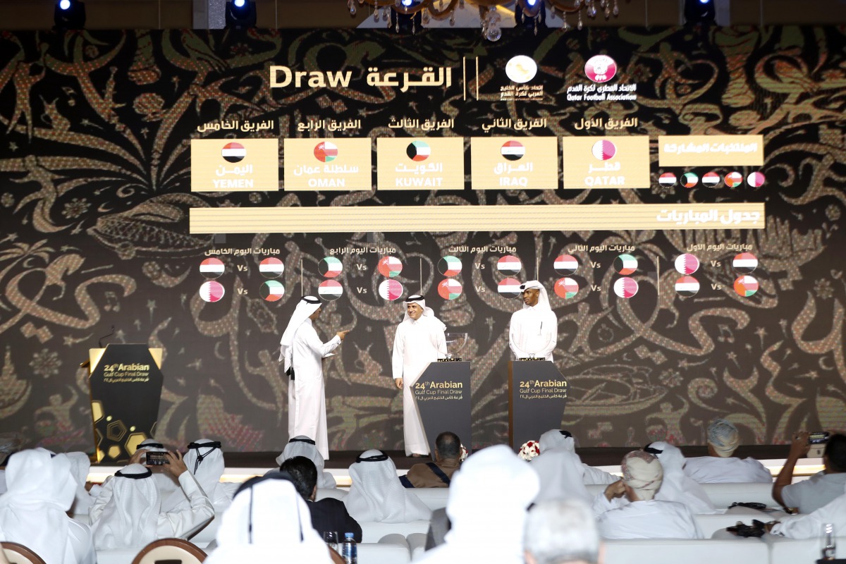 Officials conducting the draw of the 24th Arabian Gulf Cup in Doha yesterday.  Pic: Mohamed Faraj