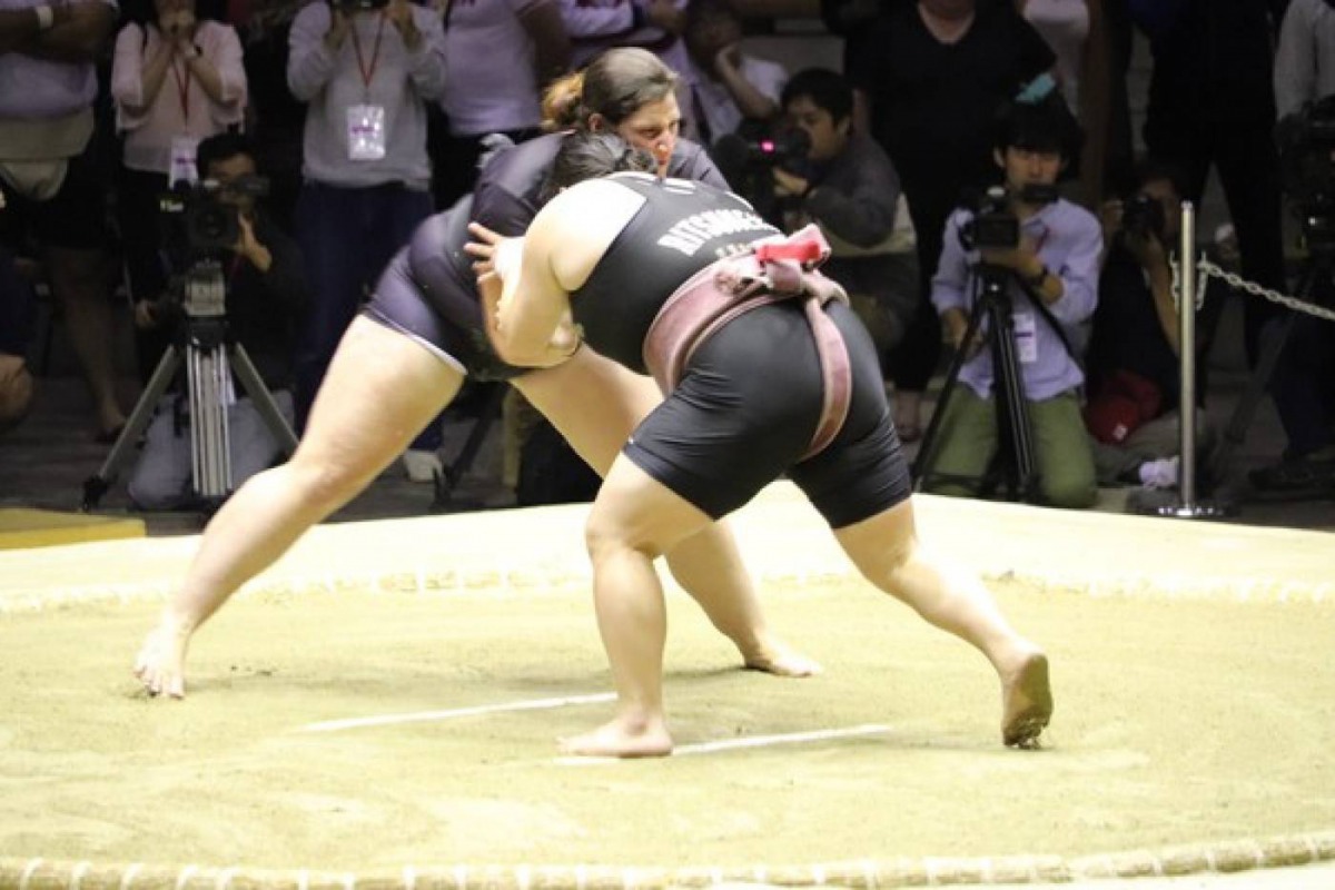 Hiyori Kon in action at the Women Sumo World Championships in Osaka, Japan on October 13, 2019. Credit: Yuka Okutomi