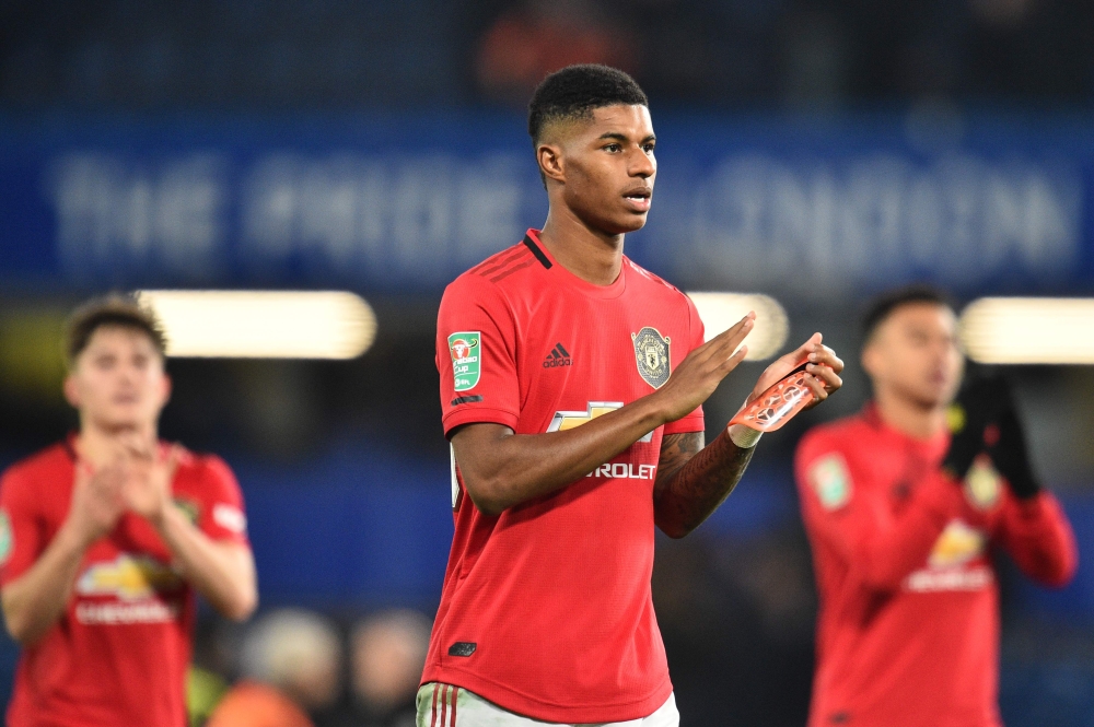 Manchester United's English striker Marcus Rashford gestures at the final whistle during the English League Cup fourth round football match between Chelsea and Manchester United at Stamford Bridge in London on October 30, 2019. AFP / Glyn Kirk 