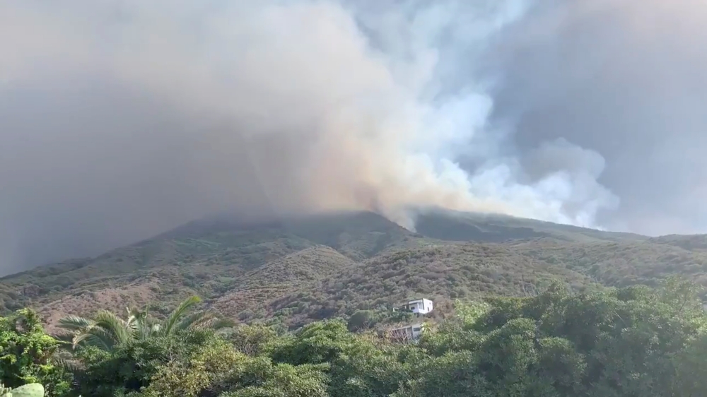 Ash and smoke rises after a volcano eruption started forest fires in Stromboli, Italy, July 3, 2019 in this still image obtained from video. Gernot Werner Gruber via Reuters