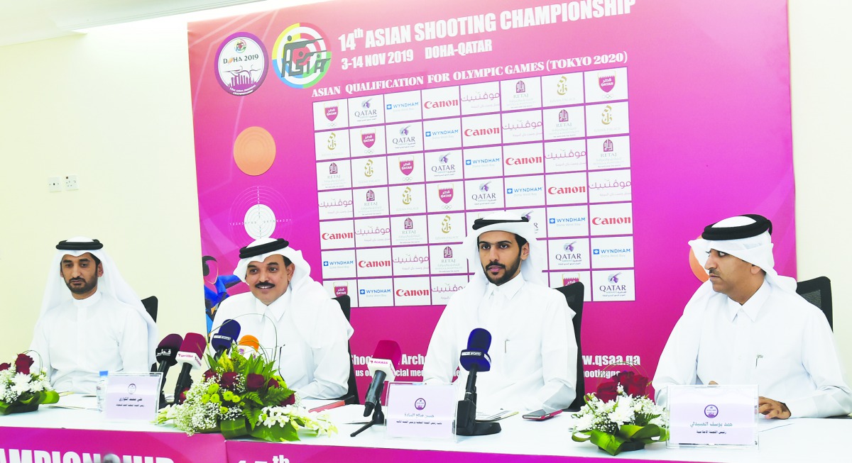 Ali Mohamed Al Kuwari (centre), President of Qatar Shooting and Archery Association, addressing the media during a press conference held at the Losail Shooting Range, yesterday. Picture: Syed Omar  