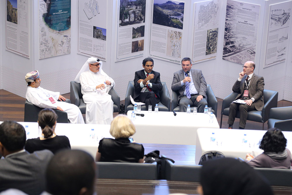 Experts engaged in discussion during the international conference and exhibition on Gulf architecture at Qatar National Library. 

