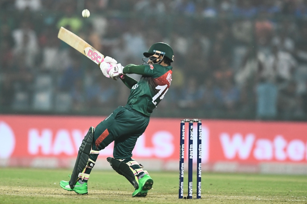 Bangladesh's Mushfiqur Rahim plays a shot during the first T20 international cricket match of a three-match series between Bangladesh and India, at Arun Jaitley Cricket Stadium in New Delhi on November 3, 2019. AFP / Jewel Samad 