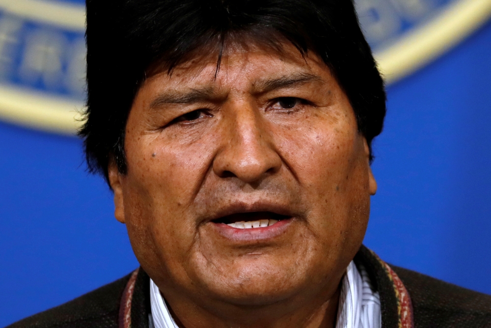 Bolivia's President Evo Morales addresses the media at the presidential hangar in the Bolivian Air Force terminal in El Alto, Bolivia, November 10, 2019. Reuters/Carlos Garcia Rawlins