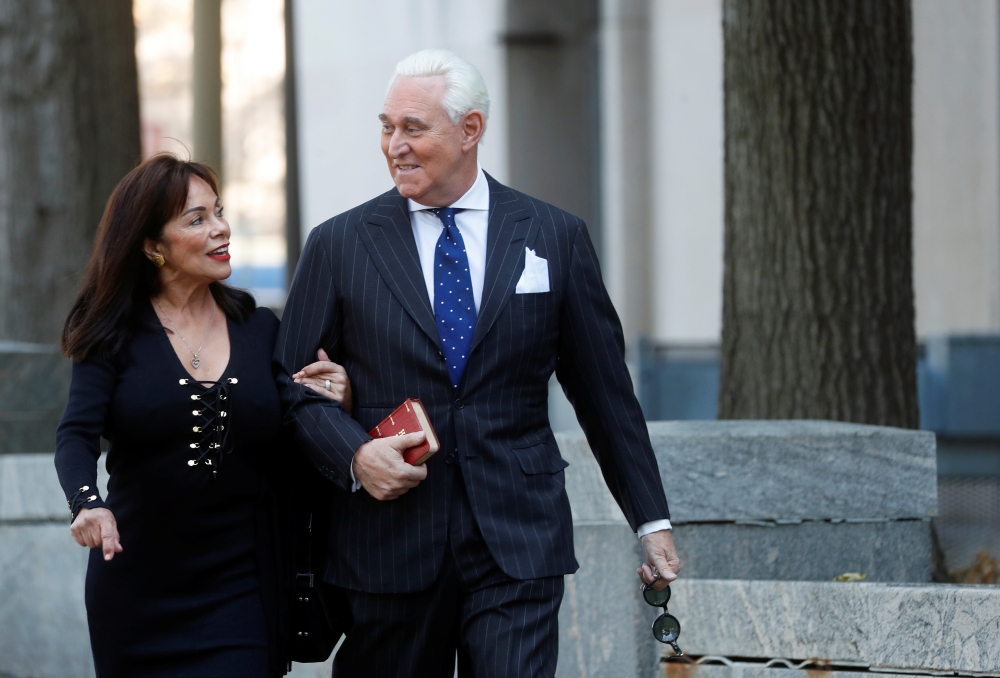 Roger Stone, former campaign adviser to U.S. President Donald Trump, arrives with his wife Nydia for the continuation of his criminal trial on charges of lying to Congress, obstructing justice and witness tampering at U.S. District Court in Washington, U.