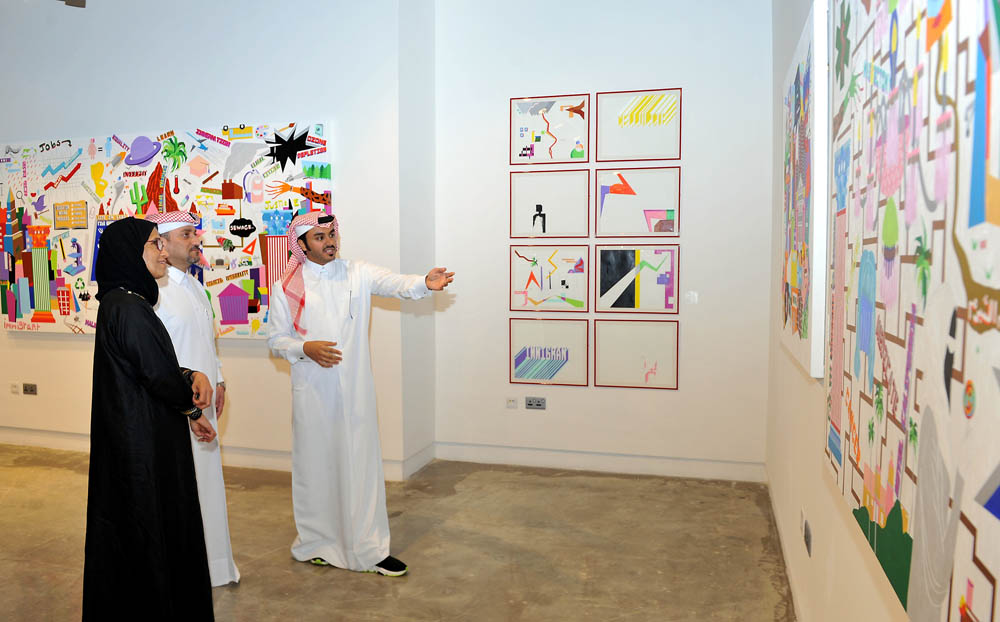 From left: Qatar Museums Board Member H E Dr Hessa Al Jaber, Acting CEO Ahmad Musa Al Namla, and Qatari artist Mubarak Al Thani at the opening of “40 Minus Volume 7 Part 2” at Al Markhiya Gallery at Fire Station on Monday. Pic: Salim Matramkot/The Peninsu