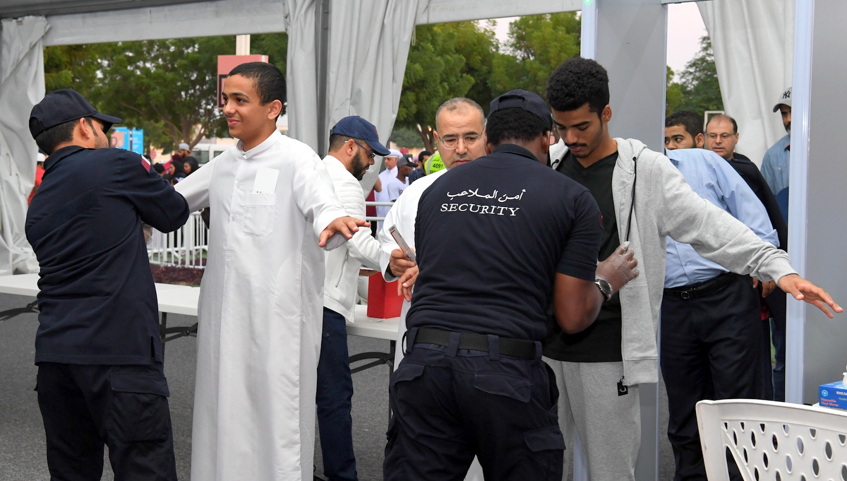 A security check on the visitors who arrived to watch the opening match of the 24th Arabian Gulf Cup Championship.
