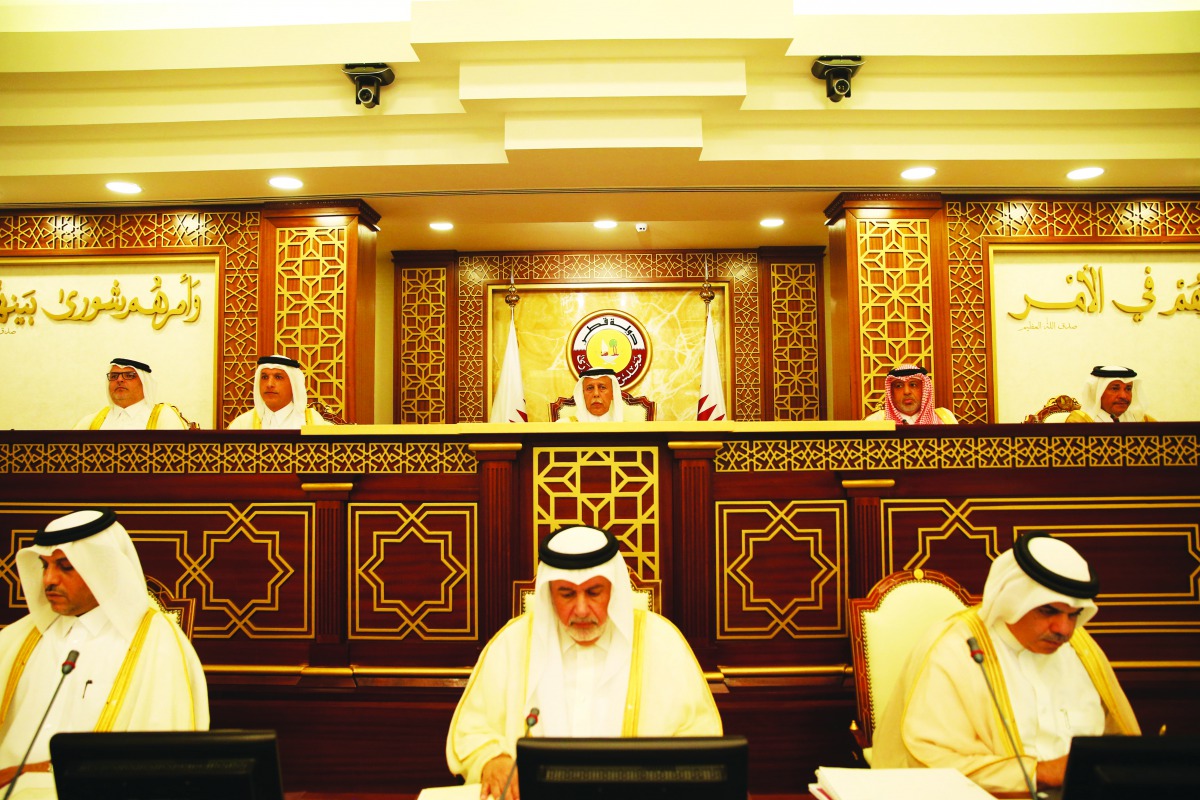 The Speaker of the Shura Council, H E Ahmed bin Abdullah bin Zaid Al Mahmoud, chairing the 6th meeting of the 48th regular session of the Shura Council, yesterday.