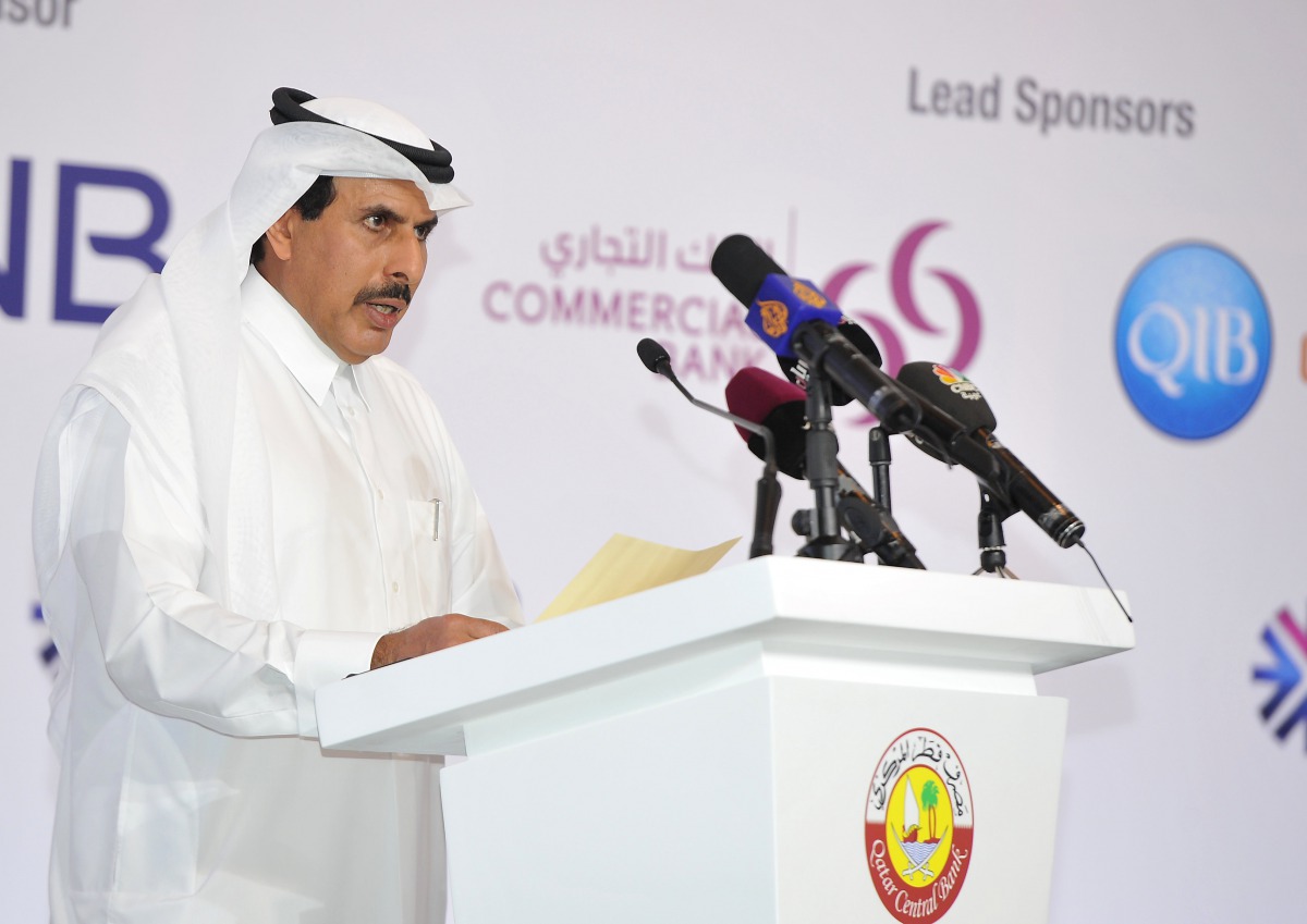 Qatar Central Bank Governor and Chairman of Qatar Financial Centre Regulatory Authority, H E Sheikh Abdullah bin Saud Al Thani, delivering the opening keynote address at the Euromoney Qatar Conference held at the St Regis Hotel in Doha yesterday. Picture 
