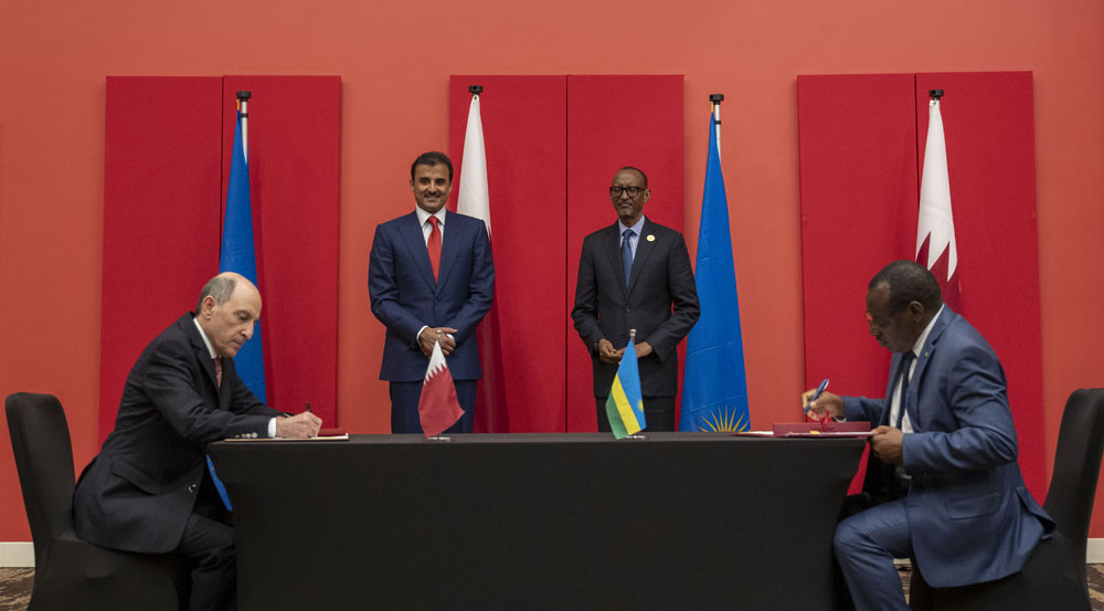 Amir H H Sheikh Tamim bin Hamad Al Thani and the President of the Republic of Rwanda, H E Paul Kagame, witnessing the signing of acquisition agreement of 60% of Bugesera Airport shares, a shareholders’ agreement and a guarantee agreement between Qatar Air